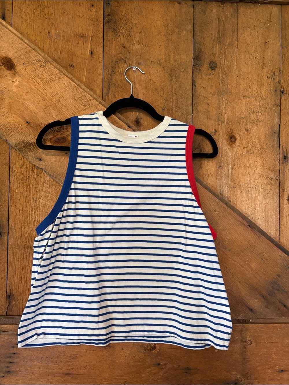 Clare V. Women's Striped Blue & White Tank Top with Red Trim